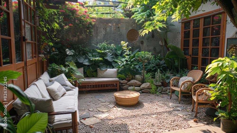 A patio with a wooden bench and a fire pit A patio with a wooden bench and a fire pit