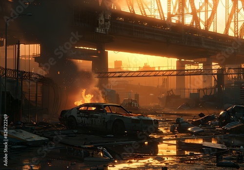 Post-apocalyptic cityscape with burning car under bridge. Dramatic and atmospheric scenery. AI