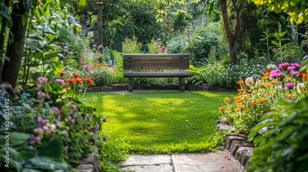 A bench is in a garden with flowers and grass A bench is in a garden with flowers and grass