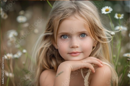 Stunning high resolution photos of a 6 year old Australian girl, with her hand under her chin, wondrous, perky eyes, the background is simply fantastic.