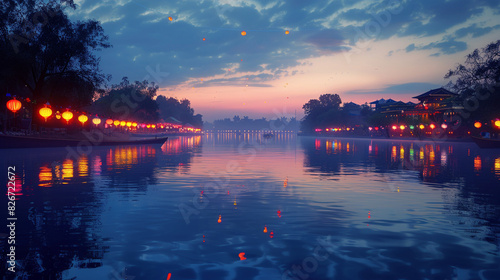 Tranquil River Glowing with Festival Lights