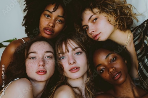 Closeup image showcasing the natural beauty of a diverse group of young female friends