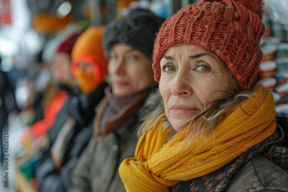 Financial distress reflected in the faces of people waiting in line at a food bank for assistance. Concept of poverty and hunger amid economic hardship. Generative Ai. Financial distress reflected in the faces of people waiting in line at a food bank for assistance. Concept of poverty and hunger amid economic hardship. Generative Ai.