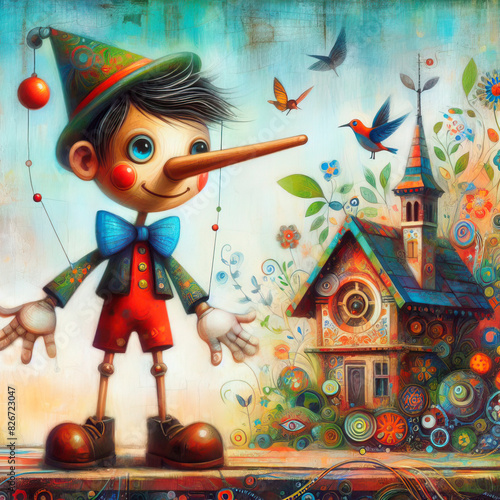Mixed media painting of a whimsical pinocchio