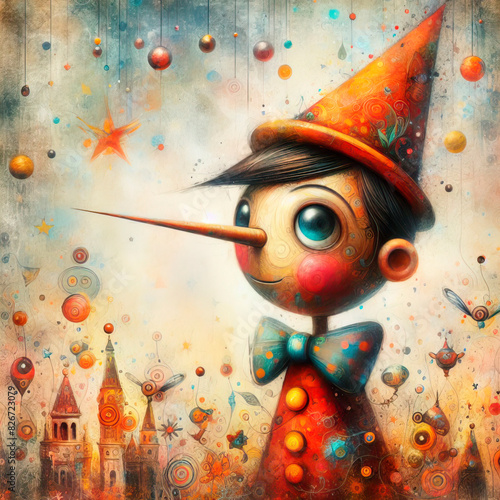 Mixed media painting of a whimsical pinocchio