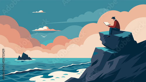 A rugged coastline with a lone figure perched on a rocky outcrop penning a letter to their future self as the waves crash below.. Vector illustration