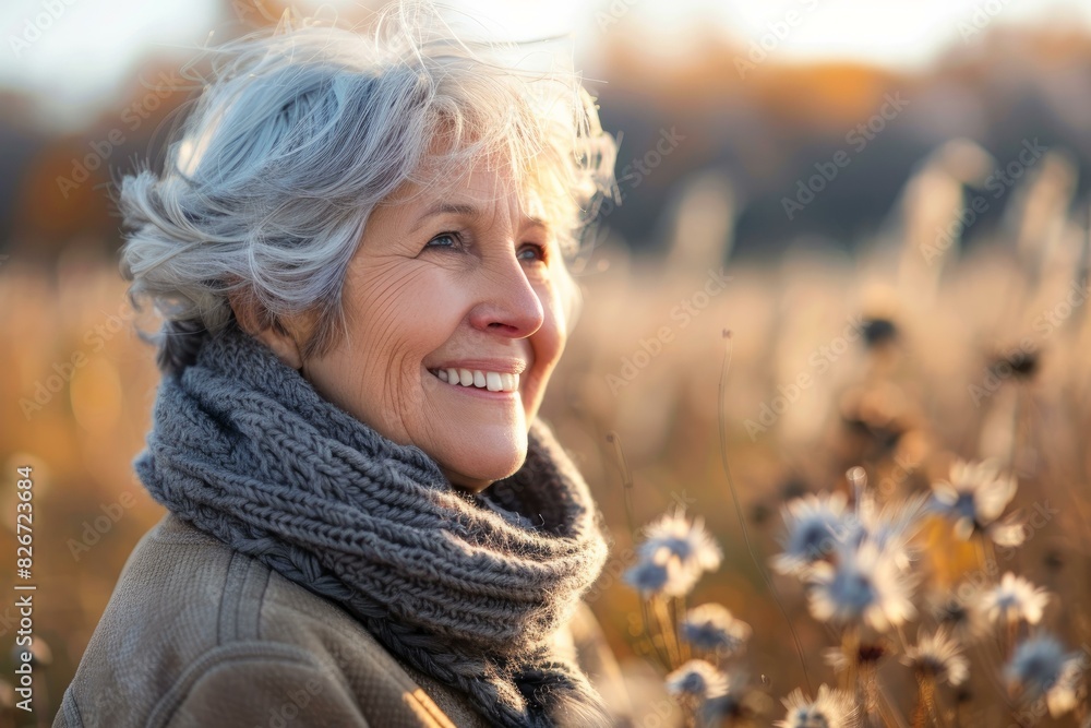 Portrait of a smiling elderly woman in a scarf, basking in the golden hour light Portrait of a smiling elderly woman in a scarf, basking in the golden hour light