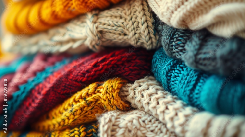 Close-Up on a Pile of Luxurious Knitwear in Vibrant Colors, Showcasing Different Knitting Patterns and Textures with Soft Focus on the Details