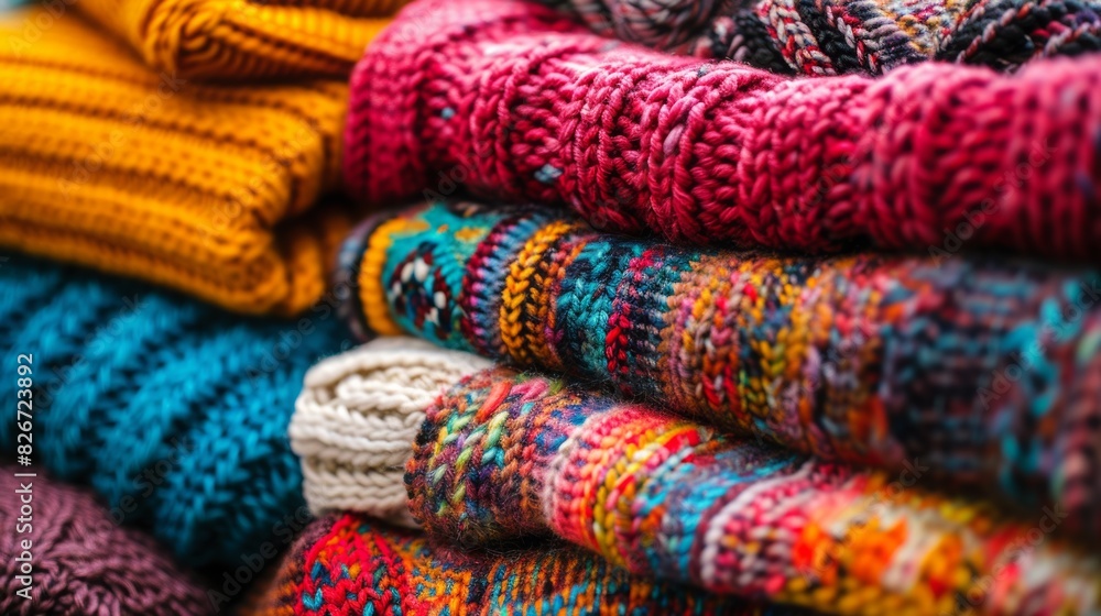 Close-Up on a Pile of Luxurious Knitwear in Vibrant Colors, Showcasing Different Knitting Patterns and Textures with Soft Focus on the Details Close-Up on a Pile of Luxurious Knitwear in Vibrant Colors, Showcasing Different Knitting Patterns and Textures with Soft Focus on the Details