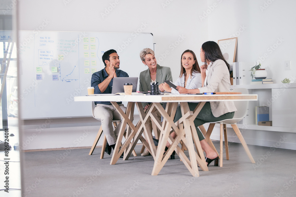 © peopleimages.com - Collaboration, laptop and workshop with business people in modern office for discussion or planning. Computer, meeting or training with man and woman employee team in boardroom for development