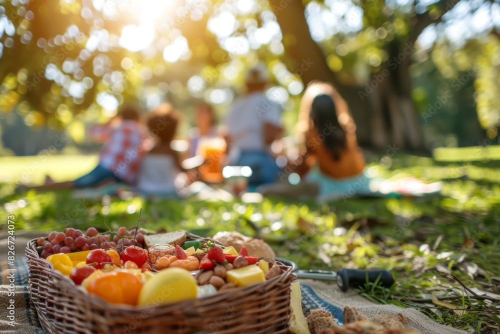 A family enjoying a picnic in the park with a variety of foods. A family enjoying a picnic in the park with a variety of foods.
