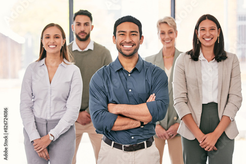 Business people, happy and team in office with portrait, professional and proud for reputation improvement. Men, women and together in corporate, sale representative, group and job confidence. photo