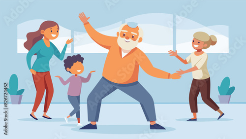An older gentleman beaming with pride as he shows off his newly learned dance steps to his family at a community center dance class.. Vector illustration
