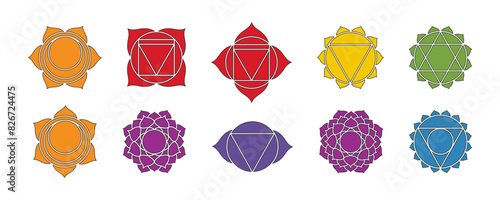Chakra vector symbols signs, mystical esoteric, yoga and meditation. Buddhism, Hinduism. Set of seven colored Chakras meaning seven meditation wheel used in variety of ancient spiritual practices.