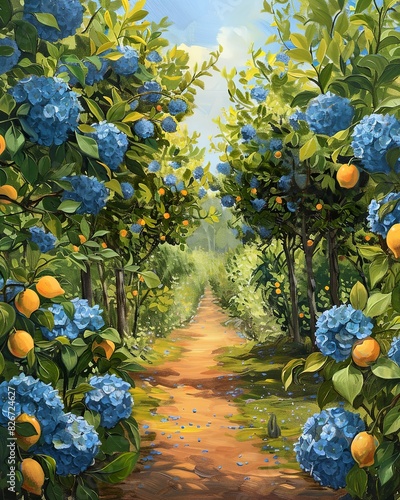 An oil painting of a garden filled with blue hydrangeas and lemon trees bordered by blue hydrangea flowers around the border photo