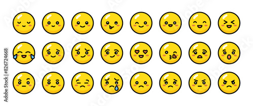 Emoji set. Cute yellow emotional faces. Set of colorful flat icons with different emotions and character. Sad and happy, funny and angry, laughing and crying. Round mood faces. Yellow emoticons.