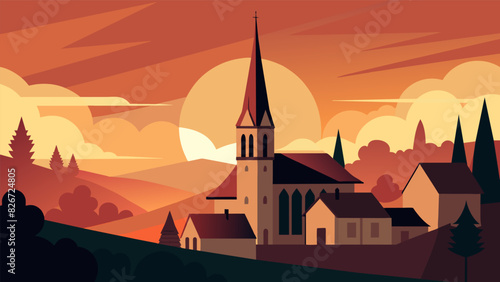 A view of a church steeple and surrounding buildings as the sun rises behind them.. Vector illustration photo