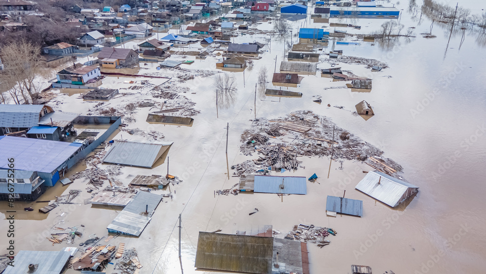 Fototapeta premium Global warming, floods on the planet.The apocalypse, catastrophes.Storms and destruction.Natural disasters,climate change,the riot of nature.The remnants of human life are floating in dirty water.End