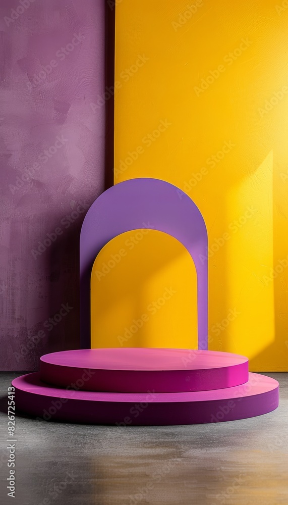 Vibrant Canary yellow and lilac gradient podium with off-black accents, minimalist design, perfect for product photography advertising. Vibrant Canary yellow and lilac gradient podium with off-black accents, minimalist design, perfect for product photography advertising.