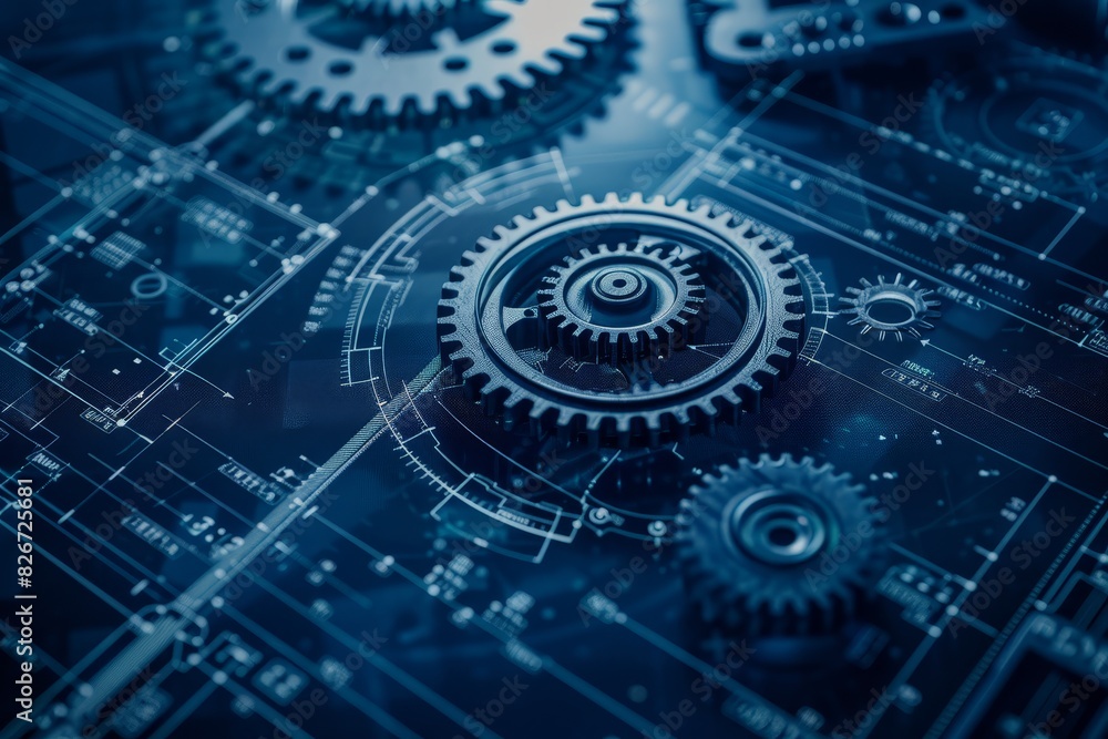 Detailed engineering blueprint of a mechanical gear system, dark blue background highlighting the design complexities focus on, mechanical efficiency, realistic, Manipulation, machine shop backdrop Detailed engineering blueprint of a mechanical gear system, dark blue background highlighting the design complexities focus on, mechanical efficiency, realistic, Manipulation, machine shop backdrop
