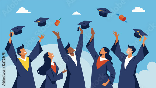 Like a flock of birds taking flight graduates launch their hats into the air a symbol of their newfound freedom and independence.. Vector illustration