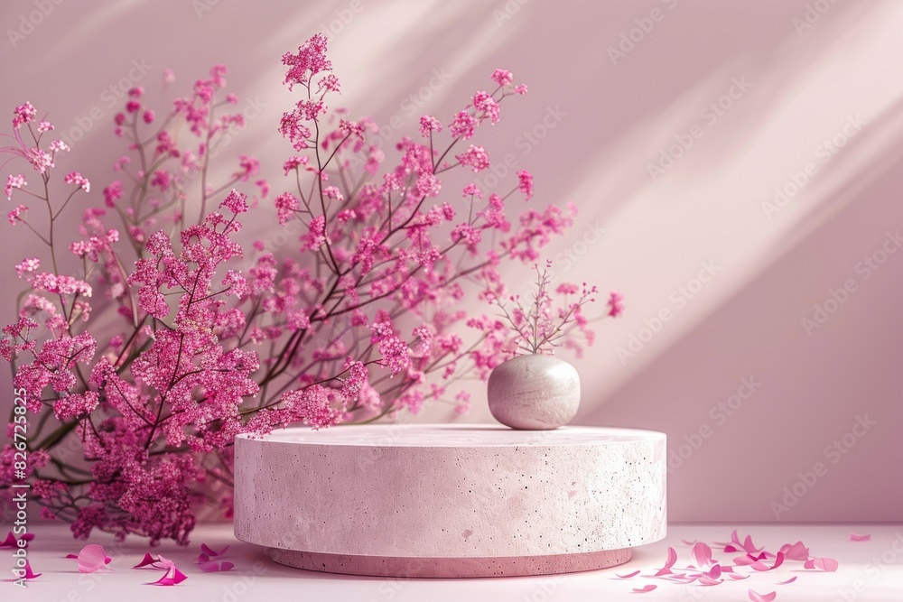 Minimalistic product podium in Nebulosity and Pink Yarrow theme, adhering to rule of thirds, ideal for elegant product advertisement photography. Minimalistic product podium in Nebulosity and Pink Yarrow theme, adhering to rule of thirds, ideal for elegant product advertisement photography.