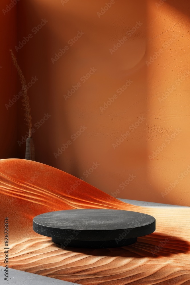 Minimalistic product podium in misty October, featuring sand, orange, and black theme. Rule of thirds composition for sleek product photography. Minimalistic product podium in misty October, featuring sand, orange, and black theme. Rule of thirds composition for sleek product photography.