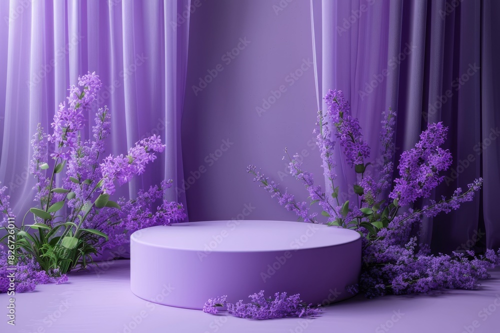 Elegant podium featuring products in shades of purple, styled in a modern and minimalistic manner for captivating advertising images. Elegant podium featuring products in shades of purple, styled in a modern and minimalistic manner for captivating advertising images.