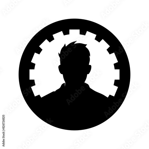 Vector illustration male profile icon. Black round logo with gear and male silhouette, representing engineering and workforce. Ideal for technical services, auto repair shop, professional branding.