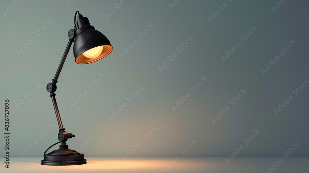 Black desk lamp on empty background. Classic black desk lamp lit up in front of a grey wall. Plenty of copy space. Black desk lamp on empty background. Classic black desk lamp lit up in front of a grey wall. Plenty of copy space.