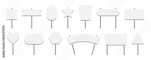 Picket sign set vector illustration, demonstration banner, protest placard. Vector picket banner frame. Flat empty boards with wood sticks, protest sign template. Blank demonstration banners set.