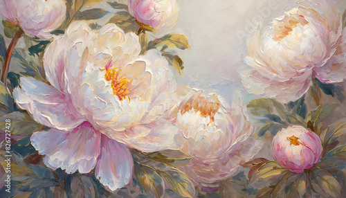 Digital botanical painting close up of a bunch of white Peony flowers, oil painting floral bouquet