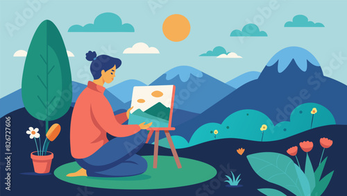 A participant who had been struggling to express their feelings in words finds solace and release in painting a peaceful landscape.. Vector illustration