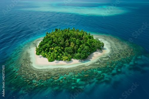 Aerial view of a serene  lush tropical island surrounded by crystalclear turquoise waters
