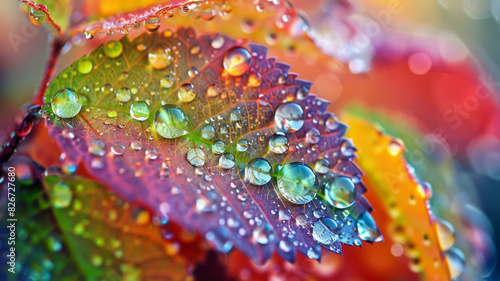 Extreme closeup on colorful leaves with water drops