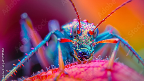 Extreme closeup on head of a blue insect on a flower