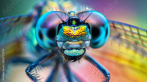 Extreme closeup on head of a colorful dragonfly