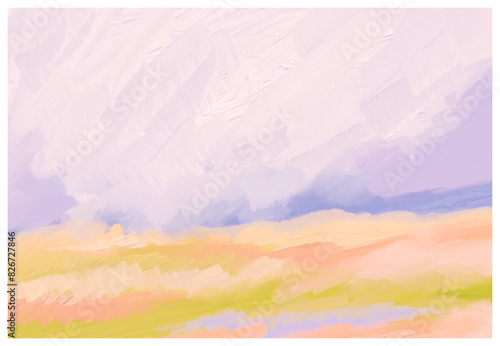 Impressionistic Sunny Meadow or Valley in Bloom Spring or Summer - Digital Painting, Art, Artwork, Design, Illustration in Peach, Yellow & Purple or Lavender © DLP INSPIRATIONS