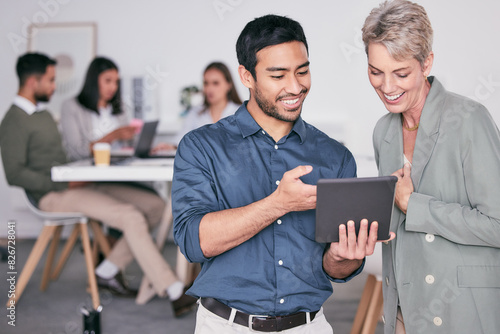 Teamwork, business people and tablet in office talking for project meeting, communication and online plan. Conversation, man and woman with tech in workplace for internet collaboration or web design