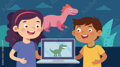 A pair of siblings giggle as they take turns controlling the cursor on the laptop exploring a virtual museum exhibit about dinosaurs.. Vector illustration