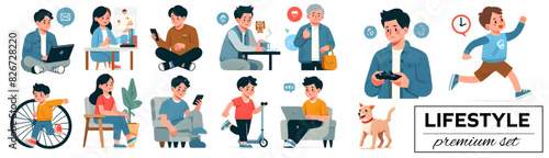 Casual People in Everyday Activities Set, Modern Lifestyle Collection, Contemporary Urban Life Scenes ,Diverse Individuals Engaging with Technology and Pets, Transparent SET of png or vector scenes