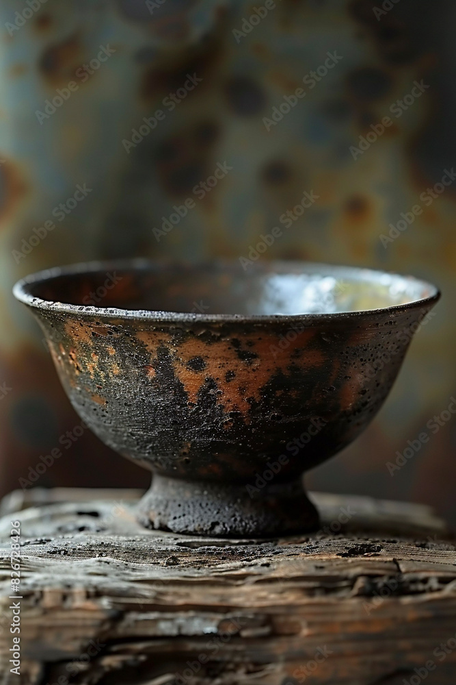 Old Japanese Raku ceramic bowl with rustic design on display in art studio. Generative AI Old Japanese Raku ceramic bowl with rustic design on display in art studio. Generative AI