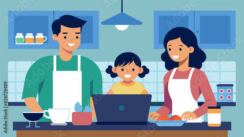 A young family sets up their laptop on the kitchen counter and cooks breakfast together while watching their churchs virtual service creating a. Vector illustration