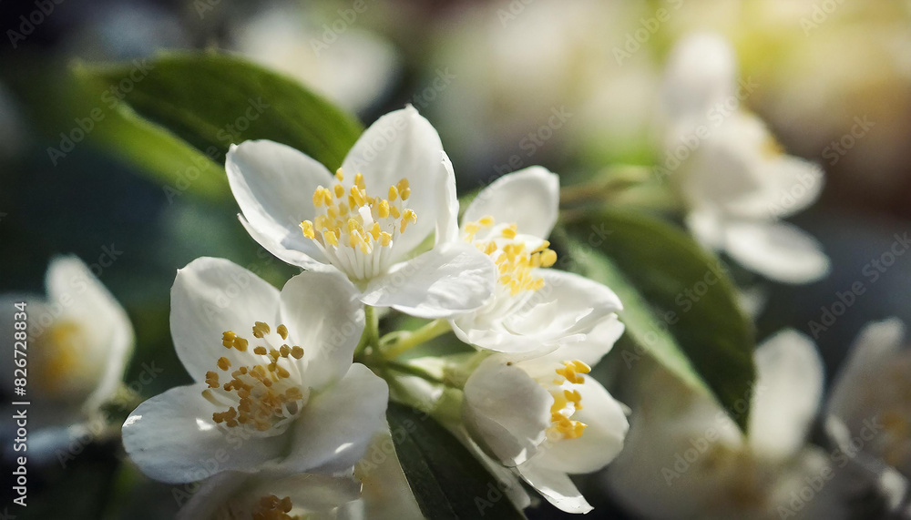 Fototapeta premium Closeup beautiful blooming tree branch with white jasmine flowers, spring floral blossom. Botanical
