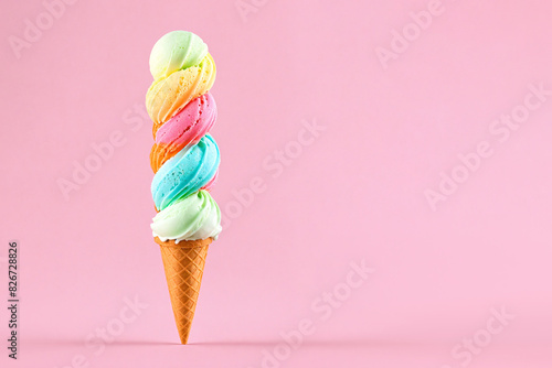 Multicolored ice cream braid in waffle cone on pink background.  AI generative...