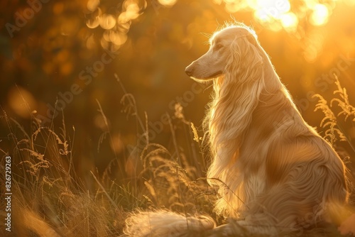 Peaceful dog sits amidst tall grass, bathed in the warm glow of a setting sun