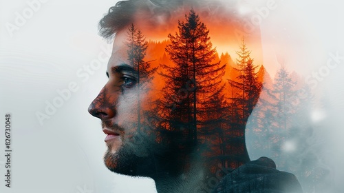 Double exposure combines face and forest. The concept of the unity of nature and man. The vitality of the human soul in nature illustration. Illustration for cover, card, interior design, poster, etc photo