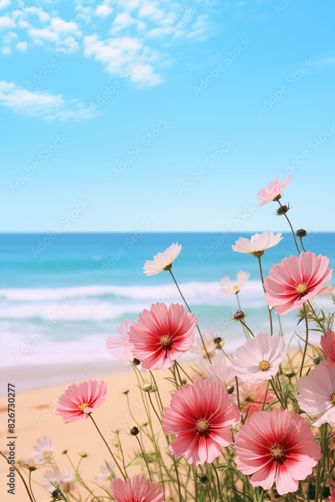 Close-up image of pink wildflowers on the background of sandy beach and blue sea. Close-up image of pink wildflowers on the background of sandy beach and blue sea.