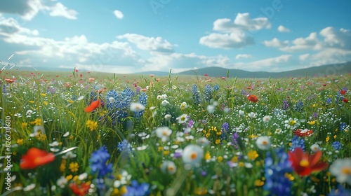 Natural beauty of a meadow with wildflowers under a clear blue sky