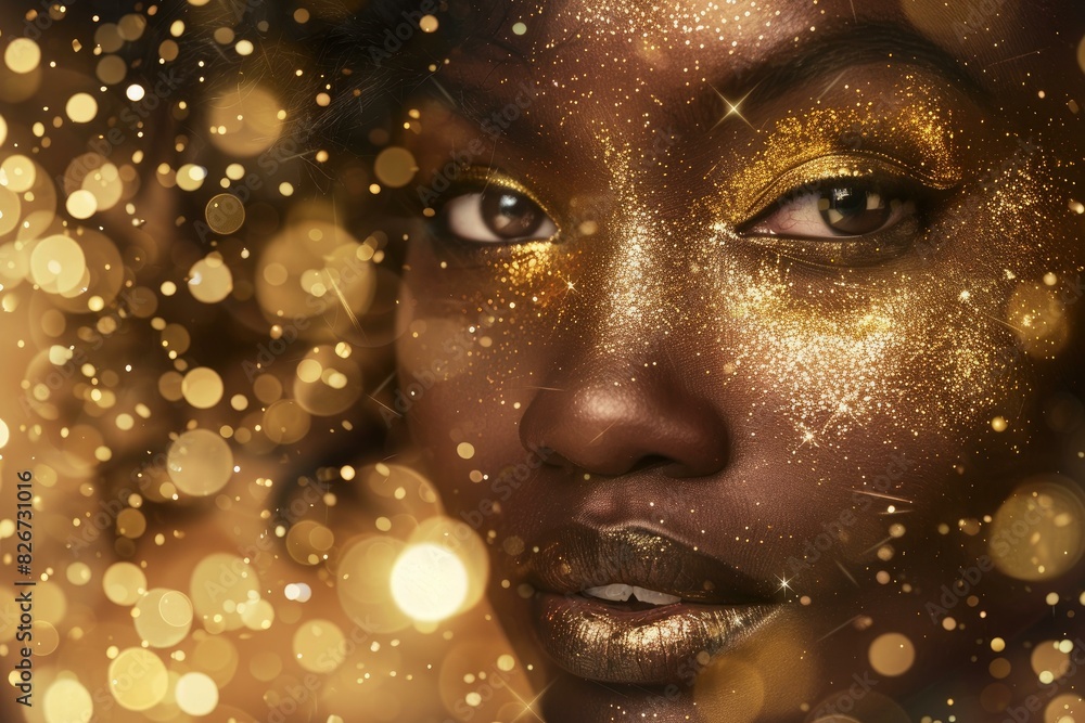Closeup shot of an elegant woman adorned with golden glitter and bokeh lights Closeup shot of an elegant woman adorned with golden glitter and bokeh lights